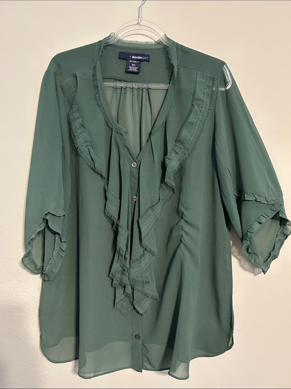 denim 24/7 Green Ruffle Button Front Semi‑Sheer Blouse Size 18W